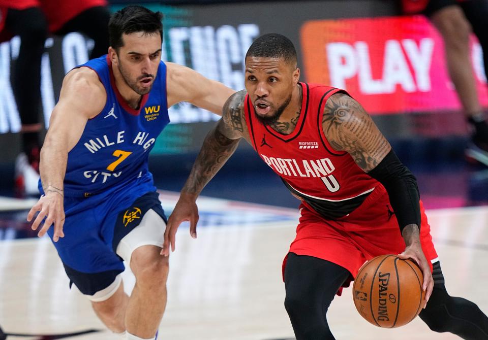 Nuggets guard Facundo Campazzo (7) has been a pesky defender against Blazers guard Damian Lillard in their first-round playoff series.