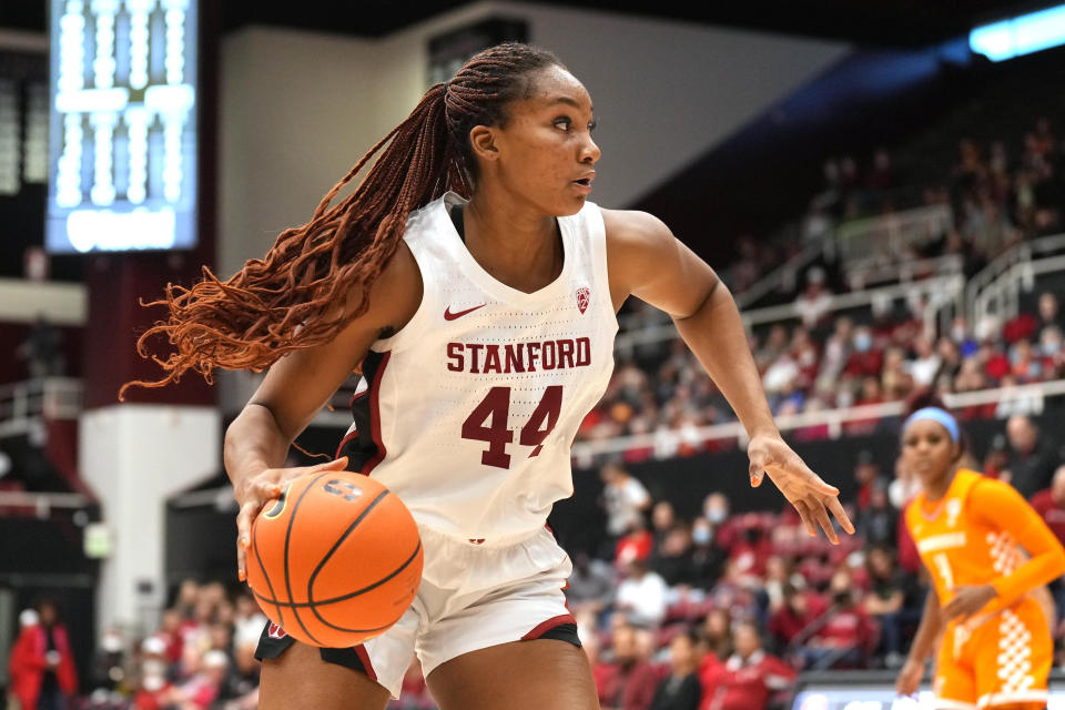 Stanford forward Kiki Iriafen dribbles the ball during a game against Tennessee last season. (Darren Yamashita/USA TODAY Sports)