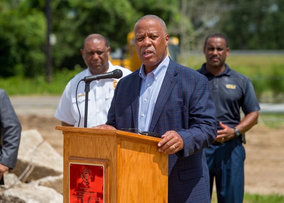 Senator Gerald Boudreaux speaking at Groundbreaking Ceremony to announce the start of construction for the new Fire Station #3 located at 429 Cooper Drive. The original fire station was built in 1978 and was torn down in March of 2020 due to major structural concerns.The new fire station, over 7300 sq. ft., will comprise of living quarters designed with 8 gender-neutral separate sleeping rooms and a 3-bay apparatus room for fire trucks and service vehicles. The estimated cost of the new construction is $2.5 million. Monday, July 19, 2021.