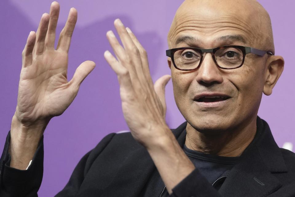 File - Microsoft CEO Satya Nadella speaks at an event at the Chatham House think tank in London, Jan. 15, 2024. Microsoft will publish second-quarter financial results after the close of the market on Tuesday, Jan. 30, 2024. (AP Photo/Kin Cheung, File)