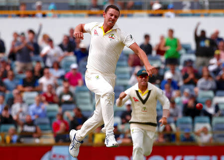 Cricket - Ashes test match - Australia v England - WACA Ground, Perth, Australia, December 18, 2017. Australia's Josh Hazlewood celebrates after dismissing England's Craig Overton during the fifth day of the third Ashes cricket test match. REUTERS/David Gray