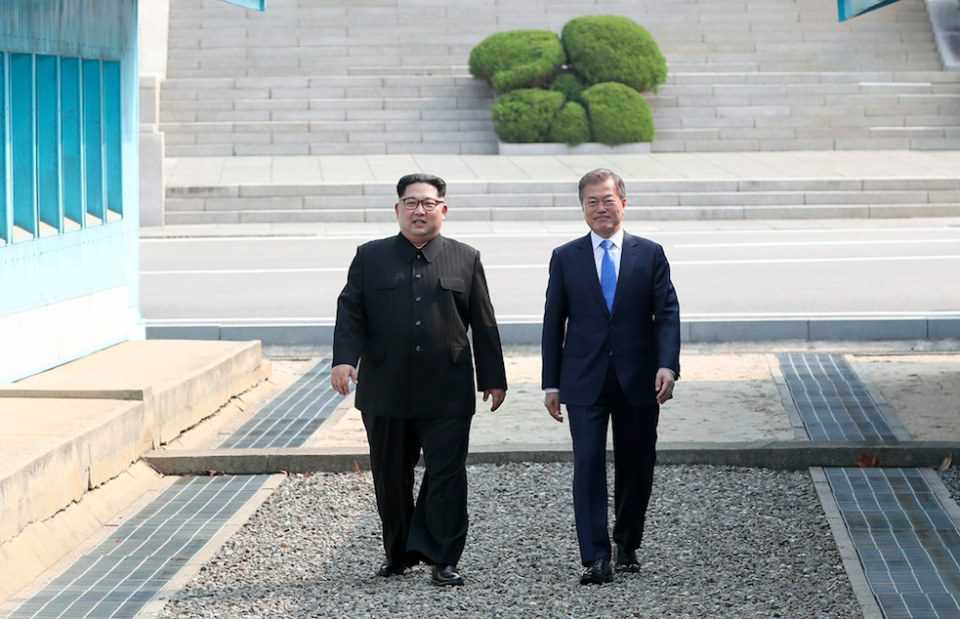 <em>Kim Jong-un (left) first met with South Korean President Moon Jae-In in April (Rex)</em>