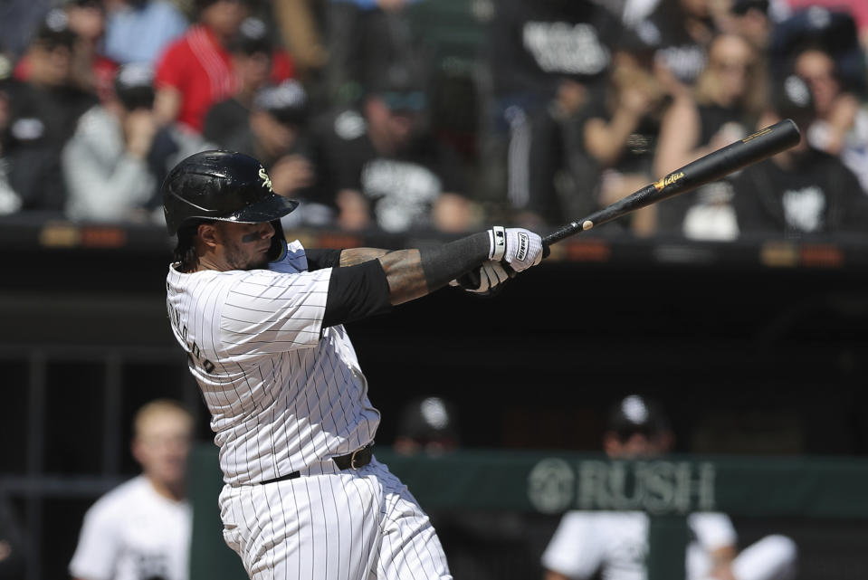 Chicago White Sox's Martín Maldonado strikes out swinging during the fifth inning of a baseball game against the Cincinnati Reds, Saturday, April 13, 2024, in Chicago. (AP Photo/Melissa Tamez)