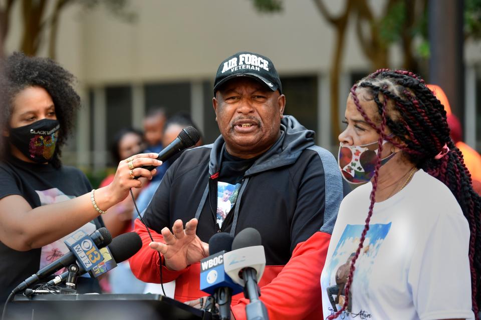 Anton Black's family members, from left, LaToya Holley, Antone Black, father, and Jenal Black, mother, speak during a press conference Thursday, Sept. 30, 2021, in Baltimore.