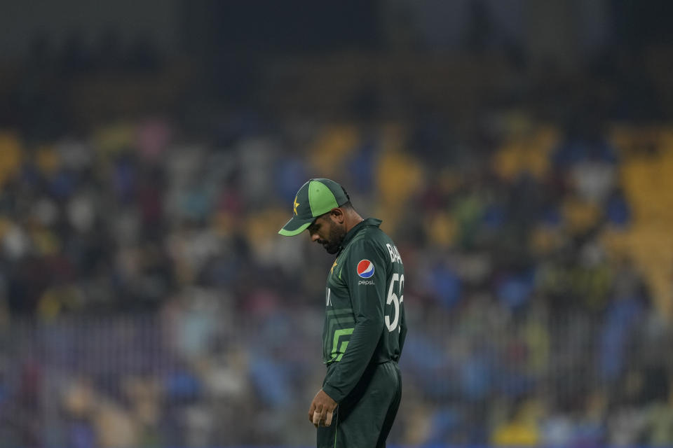 Pakistan's captain Babar Azam reacts during the ICC Men's Cricket World Cup match between Pakistan and Afghanistan in Chennai, India, Monday, Oct. 23, 2023. (AP Photo/Eranga Jayawardena)