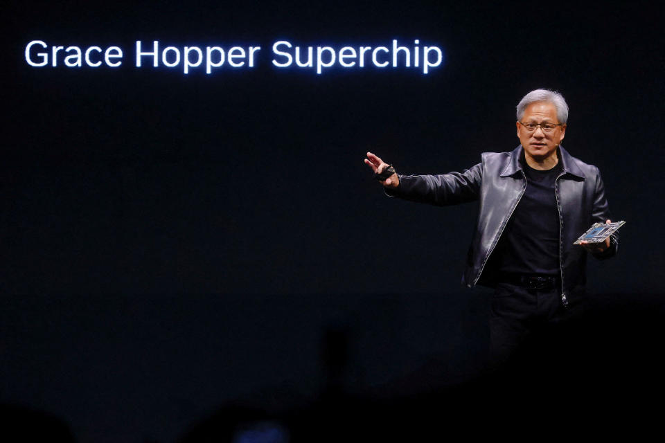 Nvidia Corp CEO Jensen Huang introduces the Grace Hopper Superchip at the COMPUTEX forum in Taipei, Taiwan May 29, 2023. REUTERS/Ann Wang