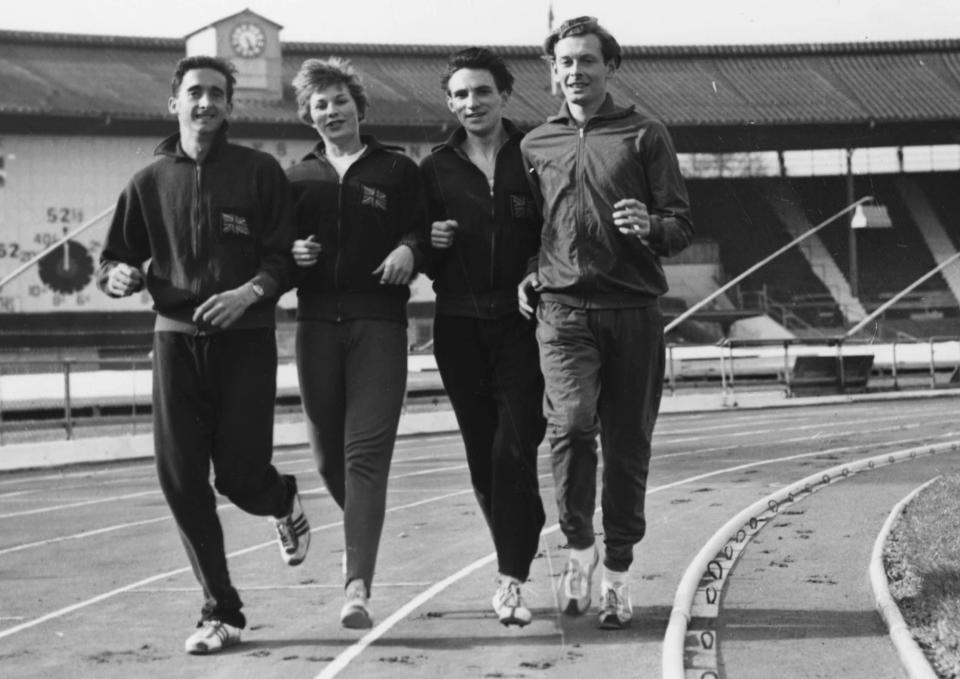 Hewson tries out the new track at White City in 1960 with, l-r, Gordon Pirie, Mary Bignall – the future Mary Rand – and Peter Radford - Keystone/Hulton Archive/Getty Images