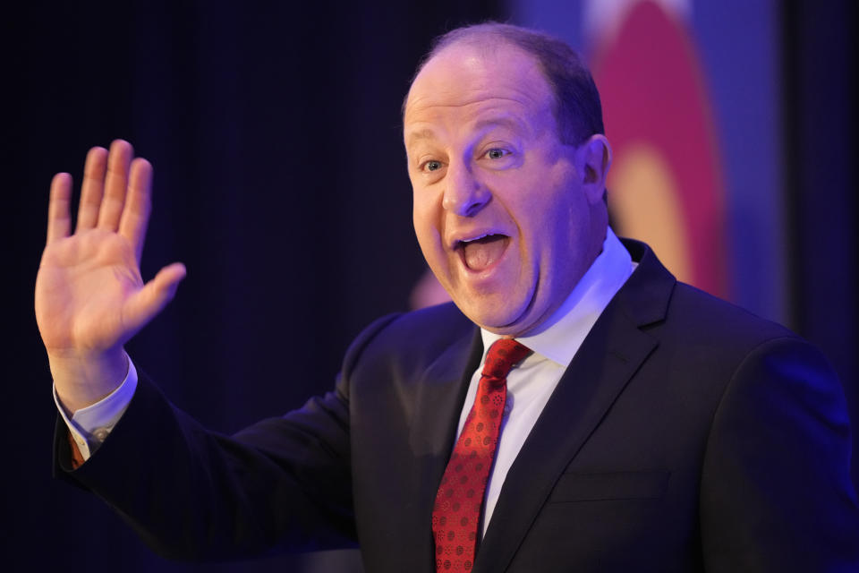 Incumbent Democratic Gov. Jared Polis speaks during an election watch party Tuesday, Nov. 8, 2022, in downtown Denver. (AP Photo/David Zalubowski)