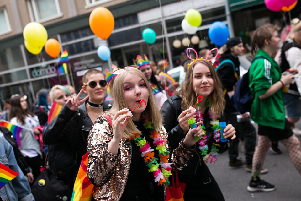 <p>People participate in the 2018 Pirkanmaa Pride Parade, organized by the Finnish LGBTI rights organization Seta, in the city of Tampere, Finland on June 9, 2018. (Photo: Tiago Mazza Chiaravalloti/NurPhoto via Getty Images) </p>