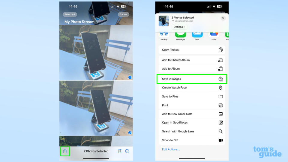 Two screenshots showing how to save selected photos via the Share menu on iOS