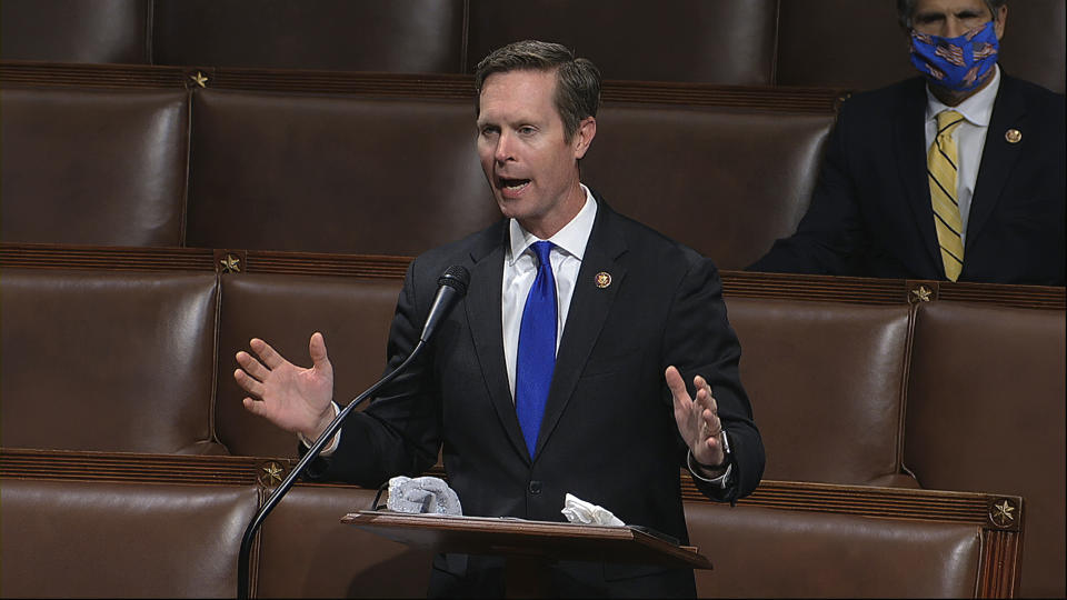 FILE - In this April 23, 2020, file image from video, Rep. Rodney Davis, R-Ill., speaks on the floor of the House of Representatives at the U.S. Capitol in Washington. The mood is so bad at the Capitol that a Democratic congressman recently let an elevator pass him by rather than ride with Republican colleagues who voted against certifying Joe Biden’s election. “The mood is toxic,” said Davis, “I mean, it really sucks to be in the minority, but it’s really worse when there’s just such a high partisan temperature.” (House Television via AP, File)