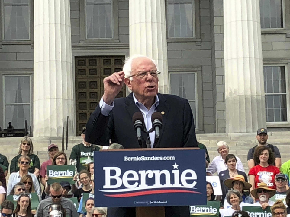 Presidential hopeful Sen. Bernie Sanders held his first home state rally of his 2020 campaign on Saturday, May 25, 2019, in front of the Statehouse in Montpelier, VT. (AP Photo/Lisa Rathke)