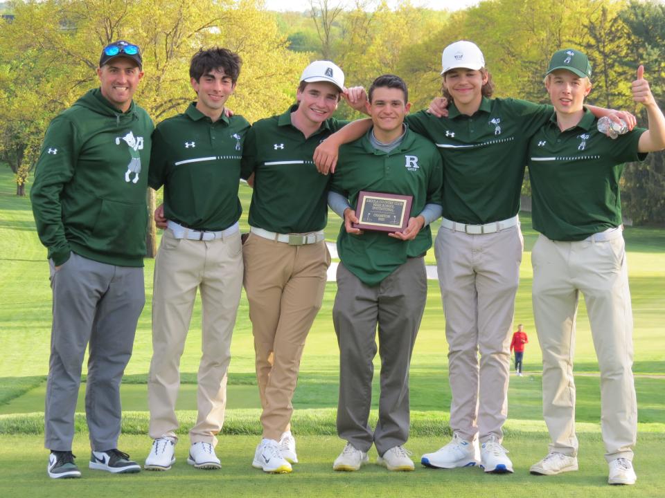 Ramapo won the Arcola Invitational golf tournament at Arcola Country Club in Paramus on Monday, April 24, 2023: From left: coach Brian Gogerty, Jordan Weiss, Harry Cohen, Alex Jolakian, Jack Sposa and Henry Nord.
