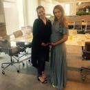 <p>The actress showed off her bump alongside the Honest Company's PR director Jen Kroog Rosenberg in a glam pale blue off-the-shoulder maxidress. </p>