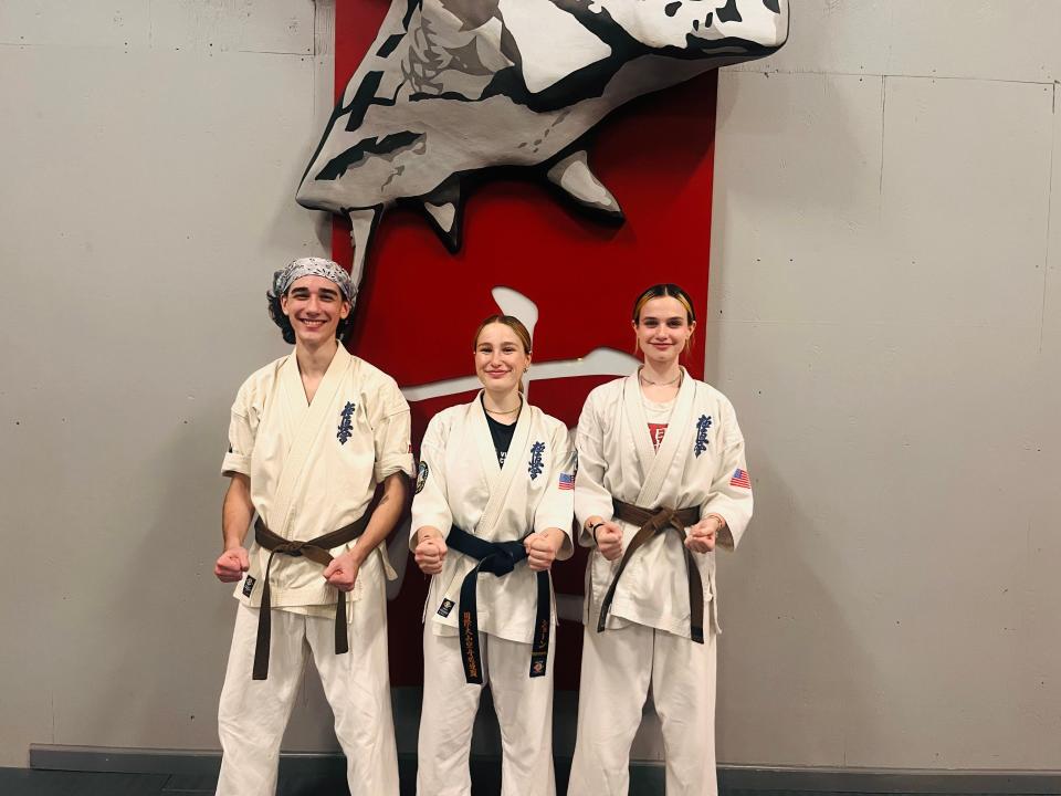 A trio of New Paltz High School students will compete Oct. 7 in an international martial arts tournament in England. The group posed for a photo at Fighting Spirit Karate & Fitness in Gardiner. From left: Mason Salvestrini, Lyric Schenker and Caitlyn Anderson.