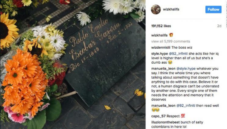 Screenshot of Wiz Khalifa's Instagram pic of Escobar's tombstone.