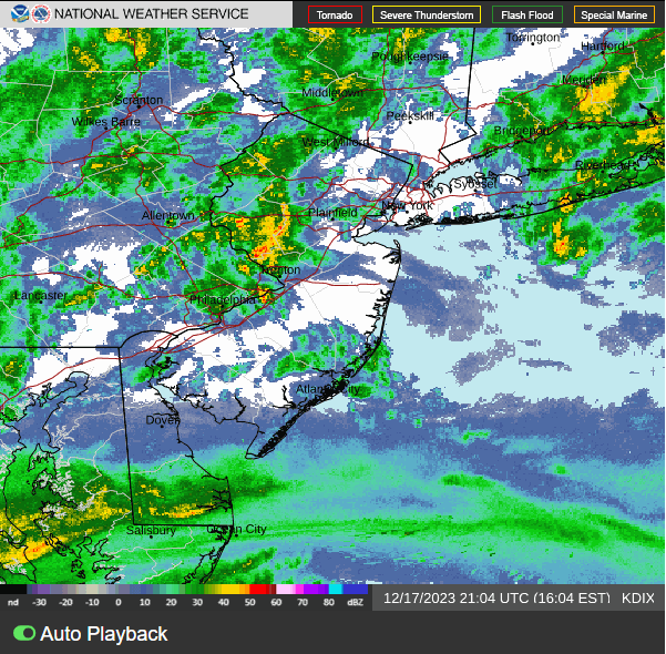 National Weather Service radar showed a strong rainstorm beginning to spread through New Jersey in this image from 3:30 p.m. on Sunday.