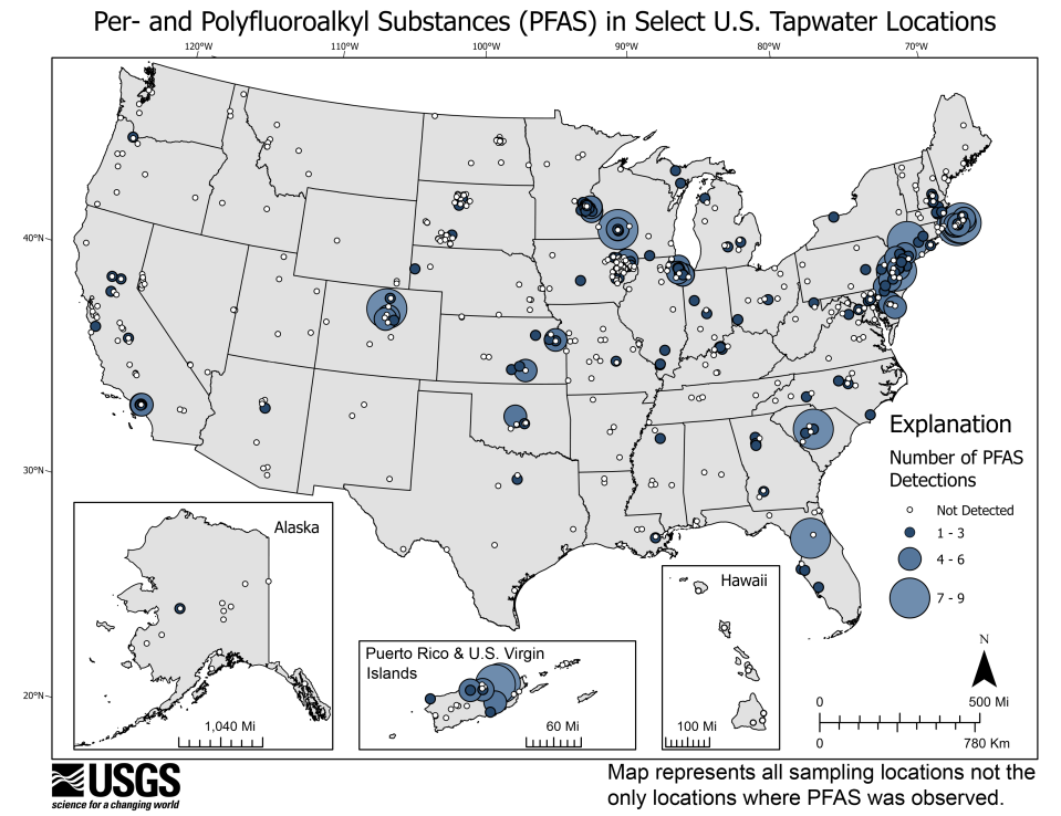 A map showing where the USGS sampled for and found PFAS in tap water from private and public water supplies.