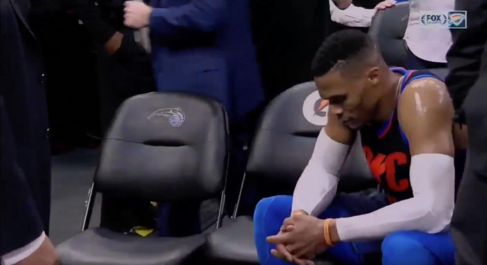 Russell Westbrook was beside himself after the Thunder’s fifth loss in six games. (Screencap via FOX Sports Oklahoma)