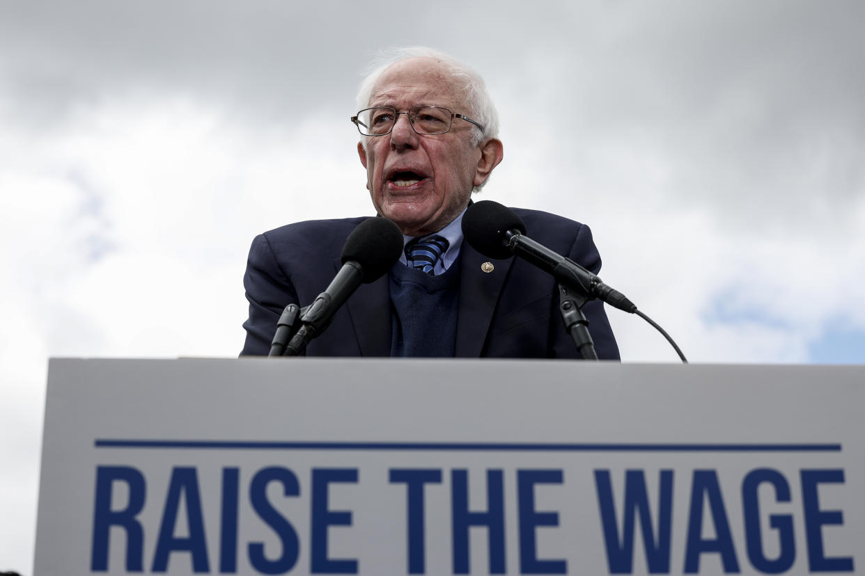 Sen. Bernie Sanders speaks at a press conference on raising the federal minimum wage outside the U.S. Capitol Building May 4, 2023. (Photo by Anna Moneymaker/Getty Images)