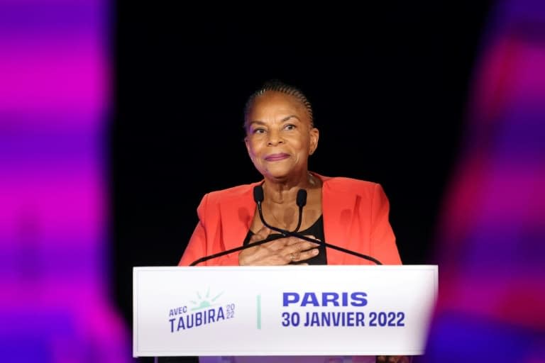 Christine Taubira s'exprime après sa victoire à la Primaire populaire, une consultation citoyenne destinée à avoir une candidature unique à gauche pour la présidentielle de 2022, à Paris le 30 janvier 2022  - Thomas COEX © 2019 AFP