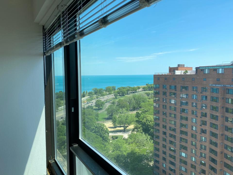 The view of lake michigan and buildings from 3130 N/ Lake Shore Drive.