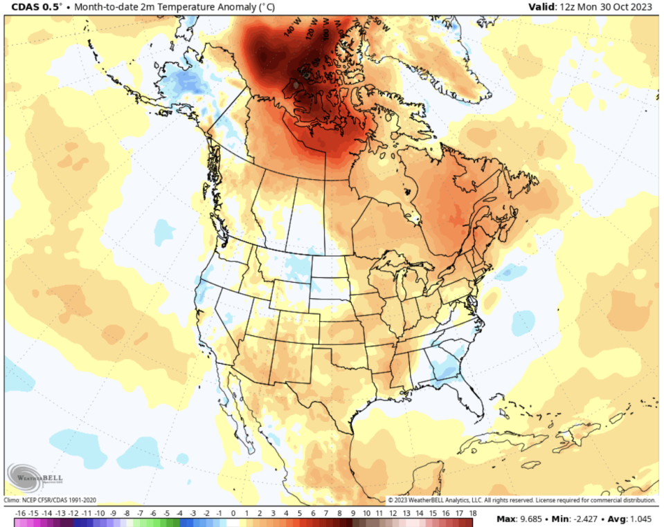 WeatherBell: This is a sharp contrast to what we saw for most of October, where we saw widespread warmer-than-normal temperatures, especially across eastern Canada. 