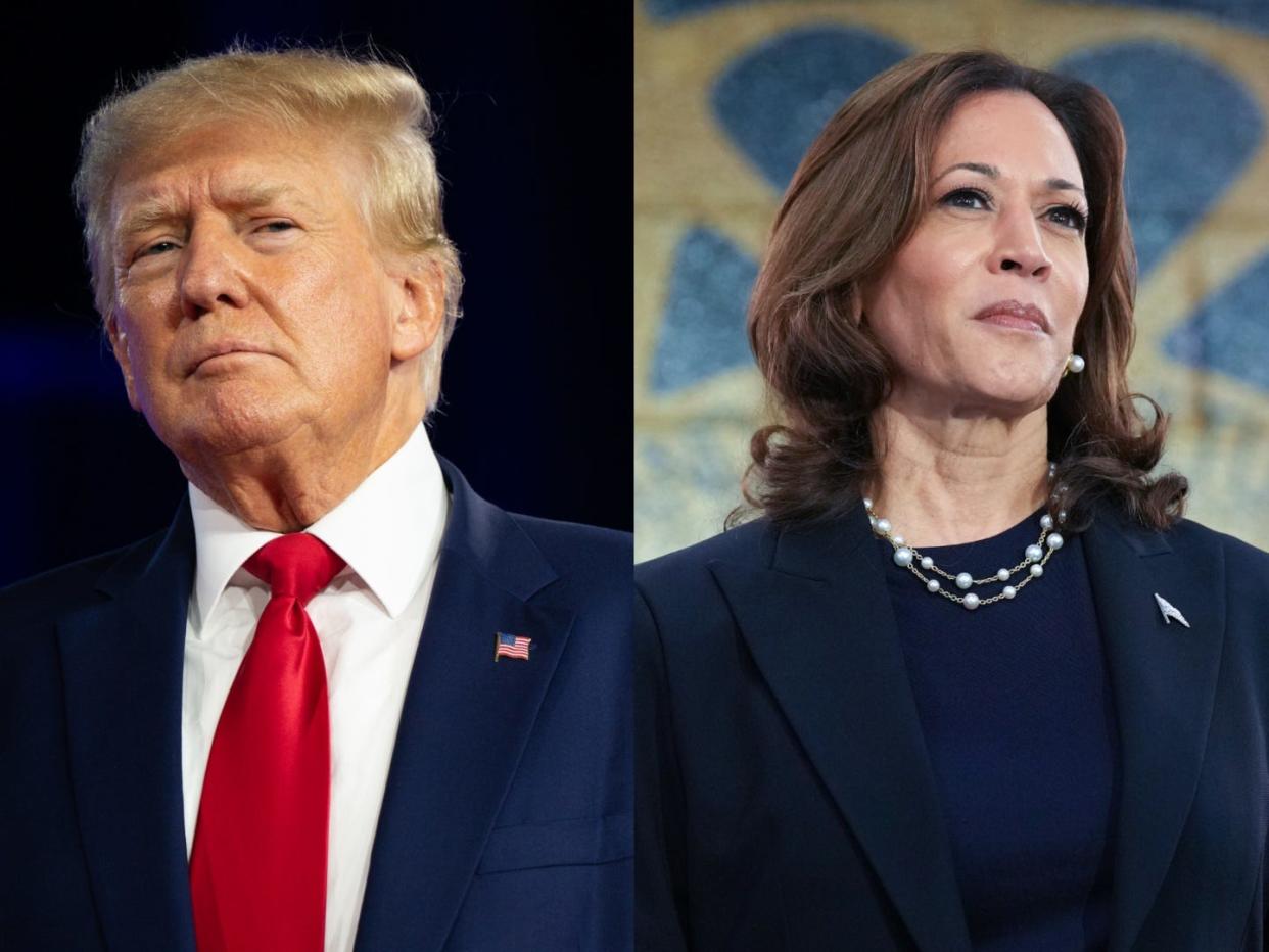 A composite image of Donald Trump (left) and Kamala Harris (right).