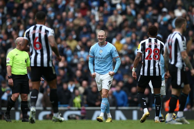 Erling Haaland of Manchester City reacts during the English Premier League soccer match between Manchester City and Newcastle United in Manchester, Britain, in March 2023. File Photo by Adam Vaughan/EPA-EFE