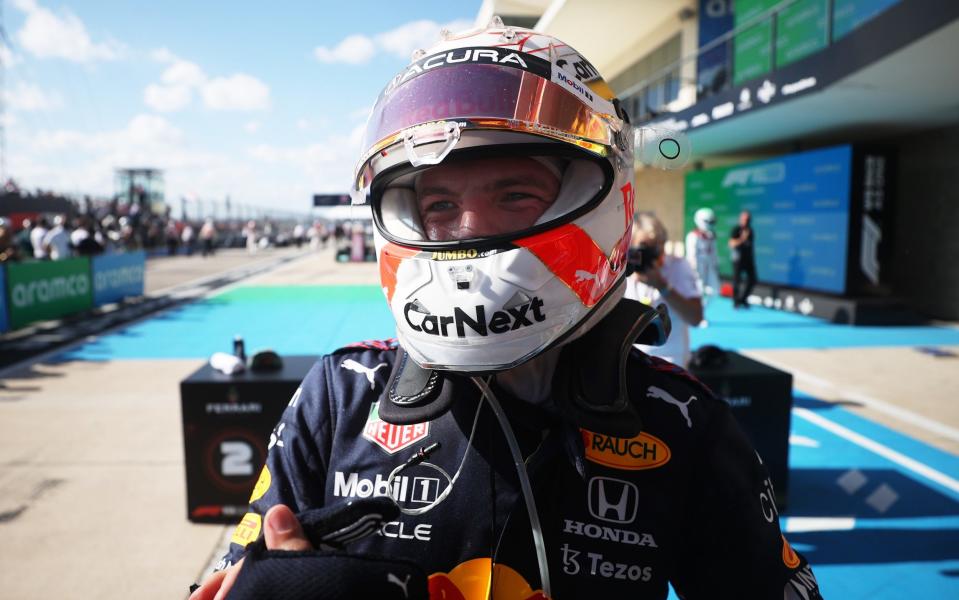  Race winner Max Verstappen of Netherlands and Red Bull Racing celebrates in parc ferme during the F1 Grand Prix of USA at Circuit of The Americas on October 24, 2021 in Austin, Texas - Chris Graythen/Getty Images 