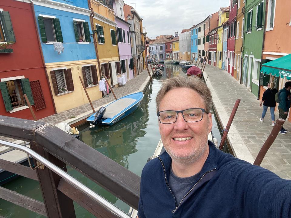 The author's husband posing in Venice