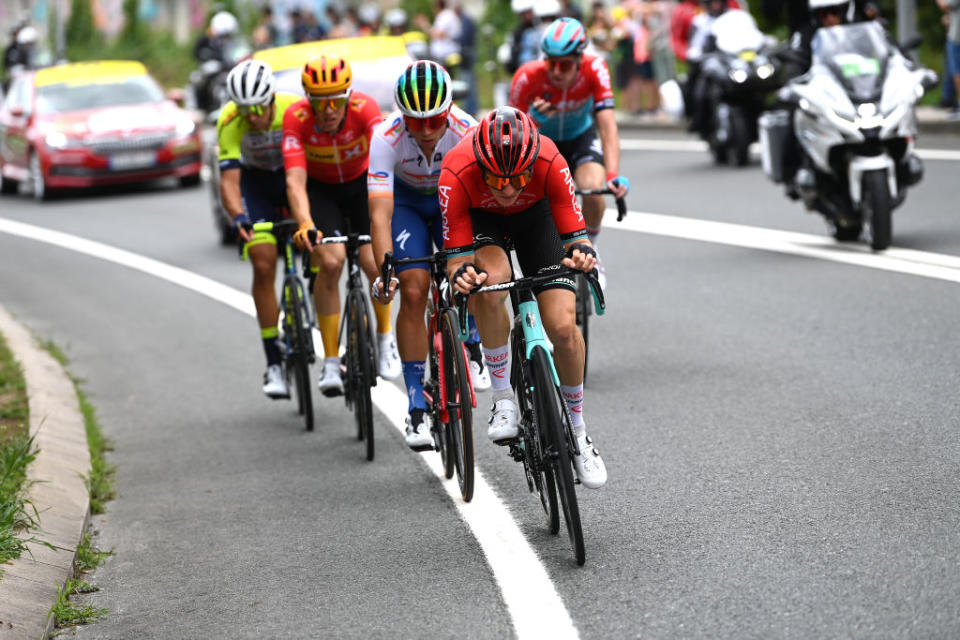 BILBAO SPAIN  JULY 01 Simon Guglielmi of France and Team ArkaSamsic competes in the breakaway during the stage one of the 110th Tour de France 2023 a 182km stage from Bilbao to Bilbao  UCIWT  on July 01 2023 in Bilbao Spain Photo by Tim de WaeleGetty Images