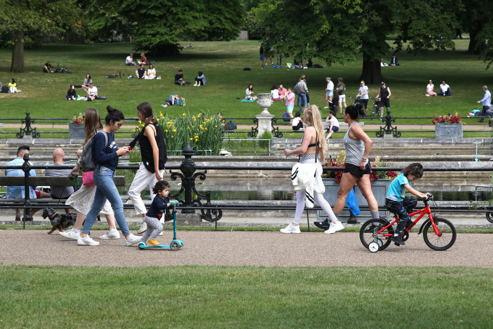 People walking and exercising in Hyde Park in London after the introduction of measures to bring the country out of lockdown. (Photo by Jonathan Brady/PA Images via Getty Images)