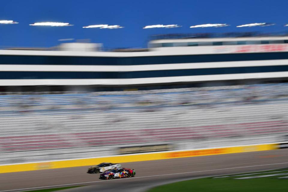 Oct 14, 2023; Las Vegas, Nevada, USA; NASCAR Cup Series driver Tyler Reddick (45) drives alongside driver Austin Dillon (3) during practice for the South Point 400 at Las Vegas Motor Speedway. Mandatory Credit: Gary A. Vasquez-USA TODAY Sports