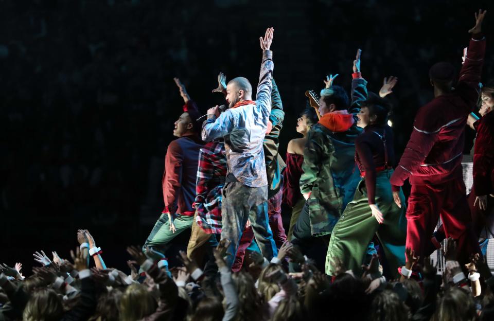 <p>Justin Timberlake performs during the halftime show. REUTERS/Chris Wattie </p>
