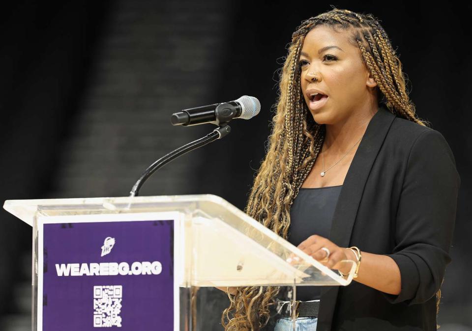 Cherelle Griner, the wife of Brittney Griner, speaks during a rally to support the release of detained American professional athlete Britney Griner at Footprint Center on July 06, 2022 in Phoenix, Arizona. WNBA star and Phoenix Mercury athlete Brittney Griner was detained on February 17 at a Moscow-area airport after cannabis oil was allegedly found in her luggage.