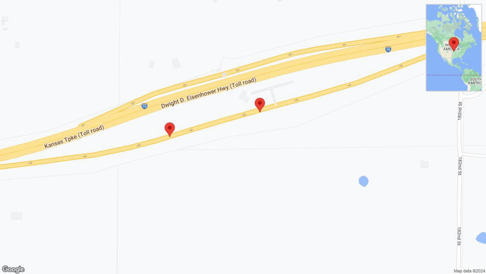 A detailed map that shows the affected road due to 'Drivers cautioned as heavy rain triggers traffic concerns on eastbound I-70 in Basehor' on May 19th at 11:31 p.m.