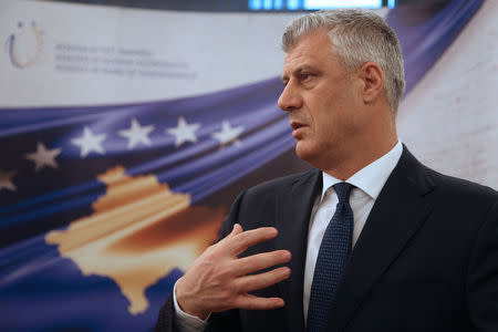 Kosovo's President Hashim Thaci speaks during an interview with Reuters in his office in Pristina, Kosovo, February 13, 2018. REUTERS/Hazir Reka