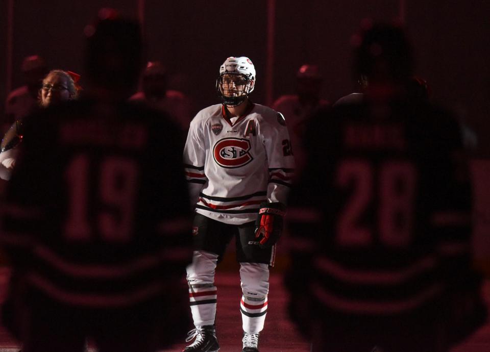 St. Cloud State forward Kevin Fitzgerald lines up for introductions Friday, Nov. 12, 2021, at Herb Brooks National Hockey Center in St. Cloud.