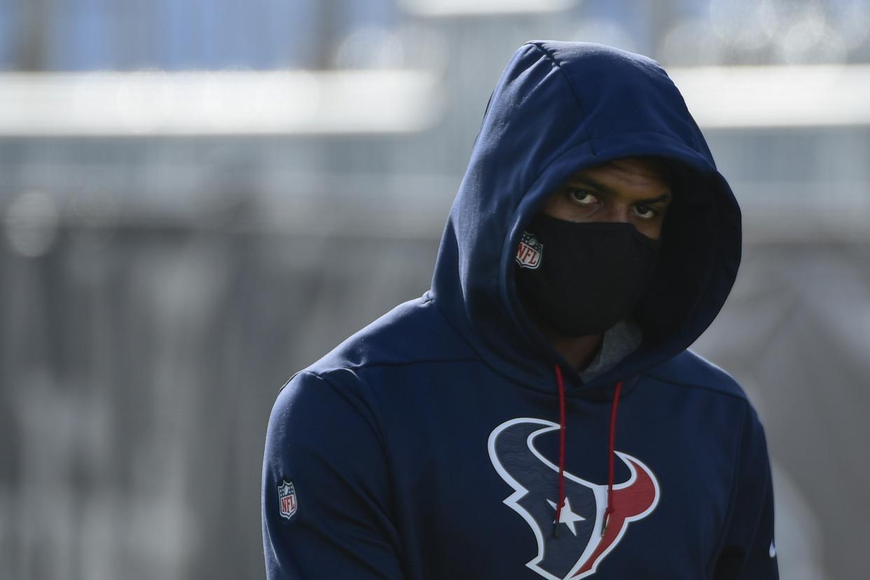 Texans quarterback Deshaun Watson arrives at NFL football practice Saturday, July 31, 2021, in Houston. (AP Photo/Justin Rex)