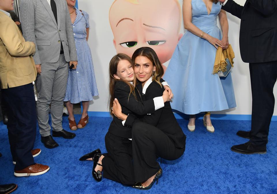 Hilaria Baldwin (R) and daughter Carmen Gabriela Baldwin attend DreamWorks Animation's 