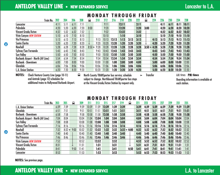 Metrolink Antelope Valley Weekday Schedule