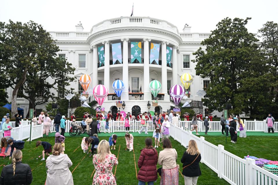 Children participate in the annual Easter Egg Roll on the South Lawn of the White House in Washington, DC, on April 1, 2024.