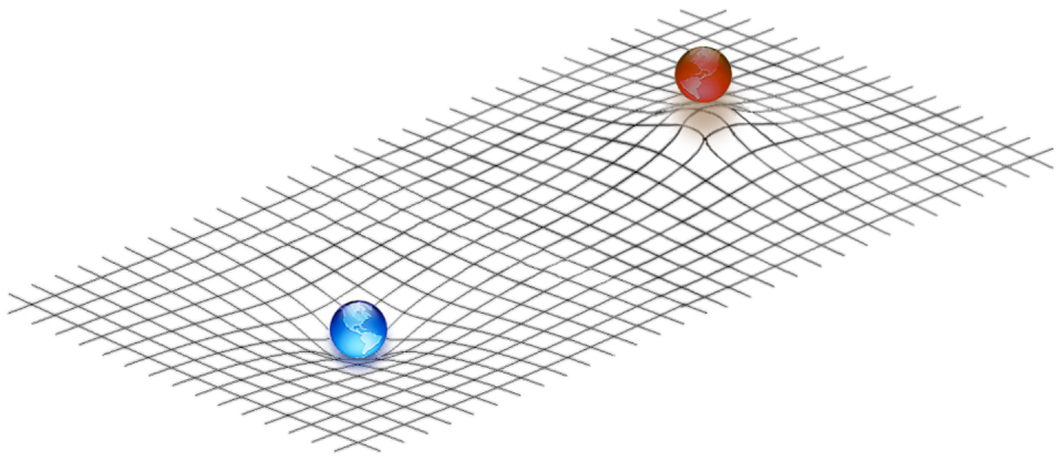 This 2–dimensional representation shows how positive mass curves spacetime (left side, blue earth) and negative mass curves spacetime in an opposite direction (right side, red earth). <a href="https://commons.wikimedia.org/wiki/File:One-sided_spacetime_curvatures.png#/media/File:One-sided_spacetime_curvatures.png" rel="nofollow noopener" target="_blank" data-ylk="slk:Tokamac/Wikimedia Commons;elm:context_link;itc:0;sec:content-canvas" class="link ">Tokamac/Wikimedia Commons</a>, <a href="http://creativecommons.org/licenses/by-sa/4.0/" rel="nofollow noopener" target="_blank" data-ylk="slk:CC BY-SA;elm:context_link;itc:0;sec:content-canvas" class="link ">CC BY-SA</a>