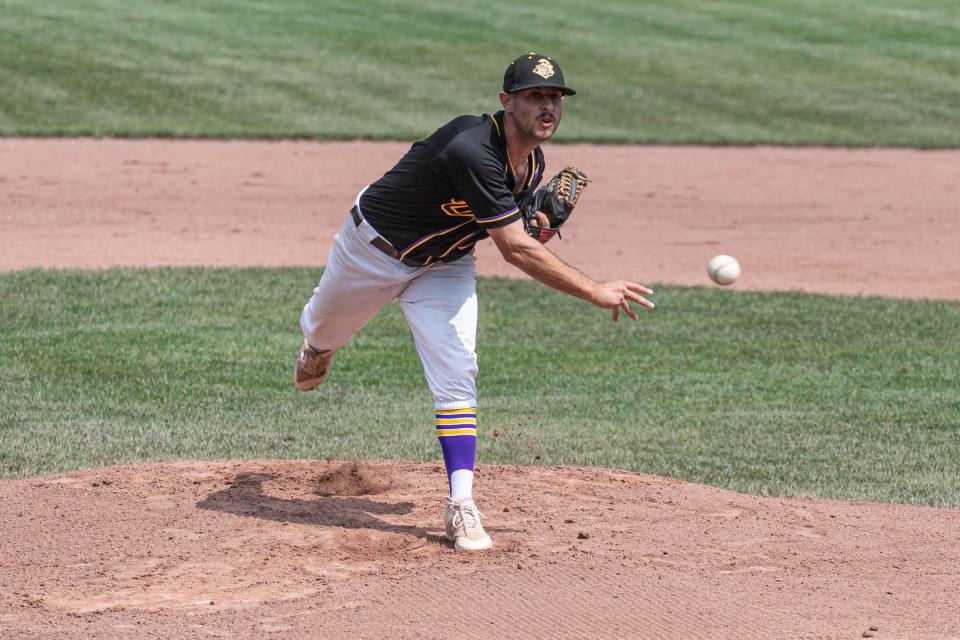Pitcher Joe DiLeo of the Buffalo Diesel throws a fastball against the Lombard Orioles during the championship game at C.O. Brown Stadium on Sunday, August 7, 2022.