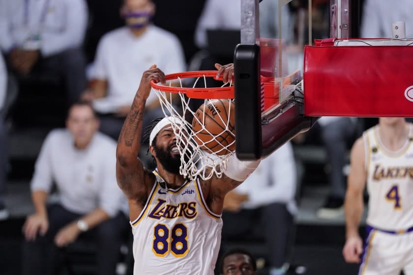 Los Angeles Lakers' Markieff Morris (88) dunks the ball against the Miami Heat during the first half.
