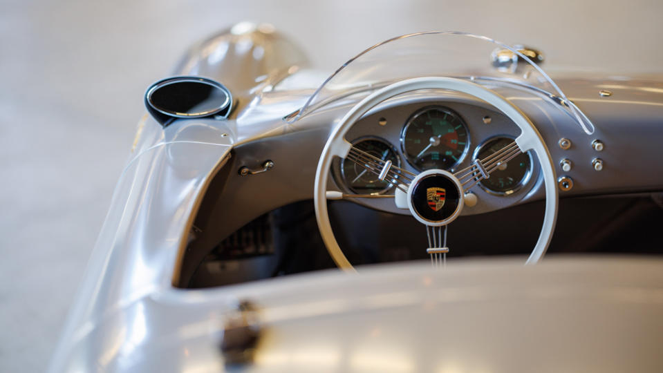A view of the interior of a 1955 Porsche 550/1500 RS Spyder.