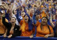 Florida fans cheer before an NCAA Final Four tournament college basketball semifinal game against Connecticut, Saturday, April 5, 2014, in Arlington, Texas. (AP Photo/David J. Phillip)