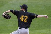 Pittsburgh Pirates starting pitcher JT Brubaker throws during the fourth inning of a baseball game against the Milwaukee Brewers Saturday, Aug. 29, 2020, in Milwaukee. (AP Photo/Morry Gash)