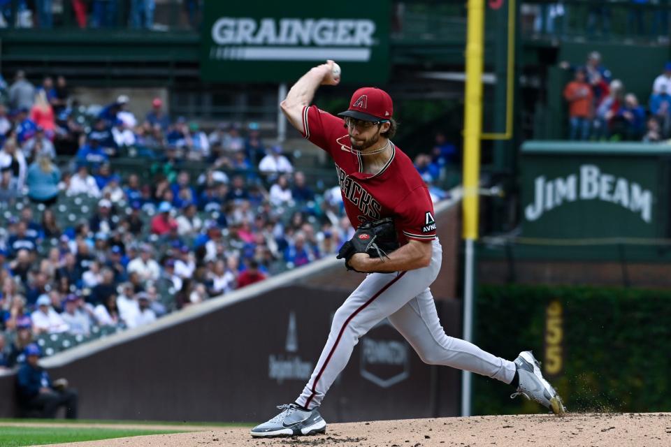Arizona Diamondbacks starting pitcher Zac Gallen (23) delivers a pitch against the Chicago Cubs during the first inning at Wrigley Field in Chicago on Sept. 8, 2023.